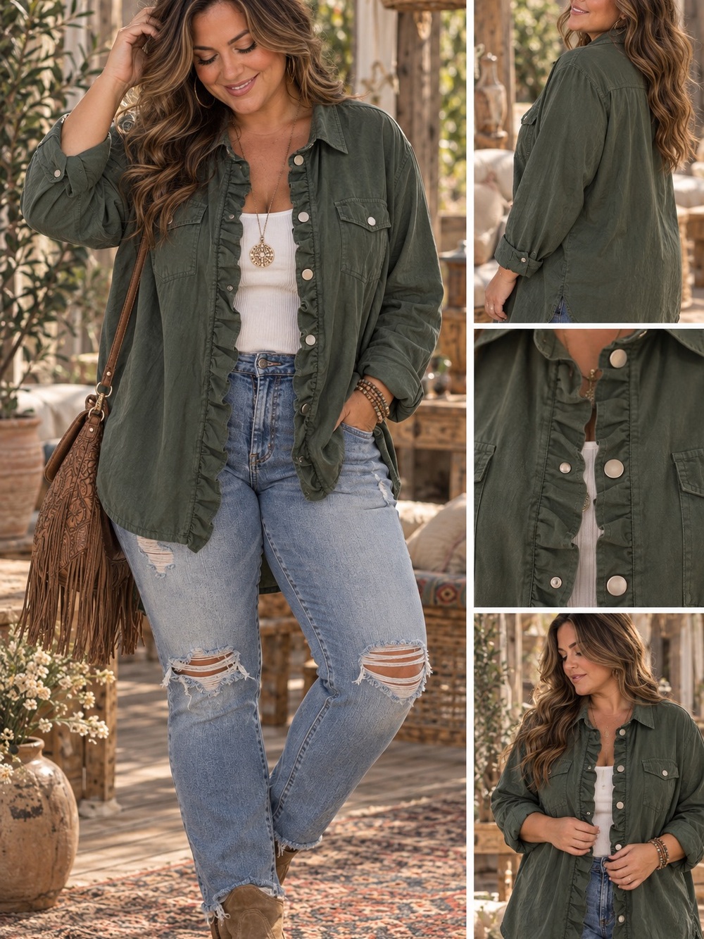 Ruffle-Front Olive Utility Jacket - Women's Casual Layering Shirt